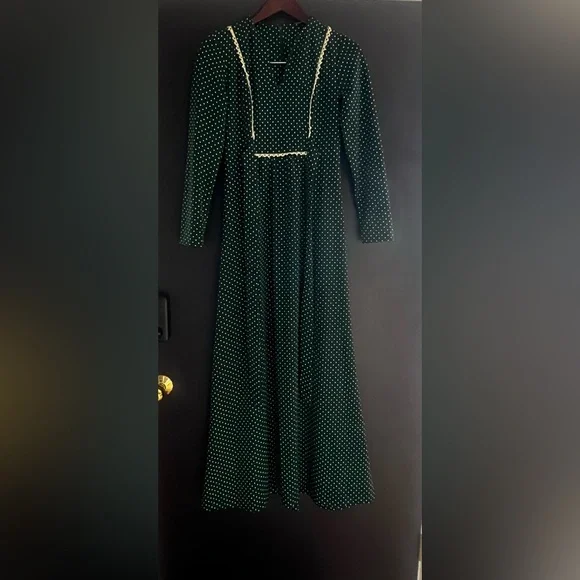 Vintage 70s Bib Front Tie Back Prairie Long Sleeve Maxi Dress - Picture 6 of 14